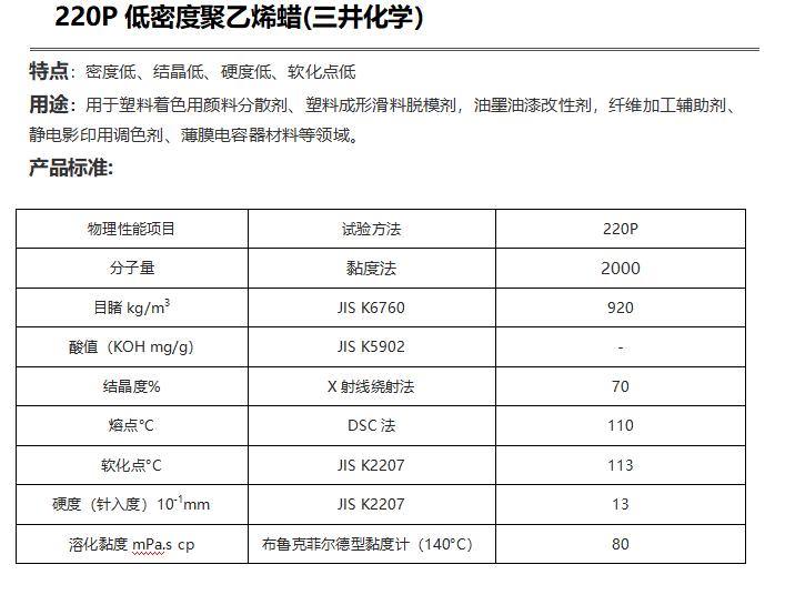 三井HI-WAX 220P低密度聚乙烯蠟( PE蠟220P )